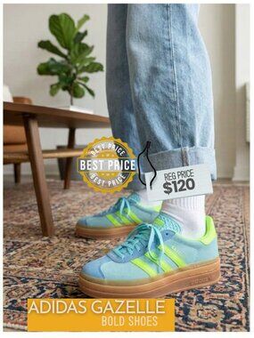 adidas Gazelle Bold Women's Size 7.5 Platform Blue Glow Solar Green ID7056